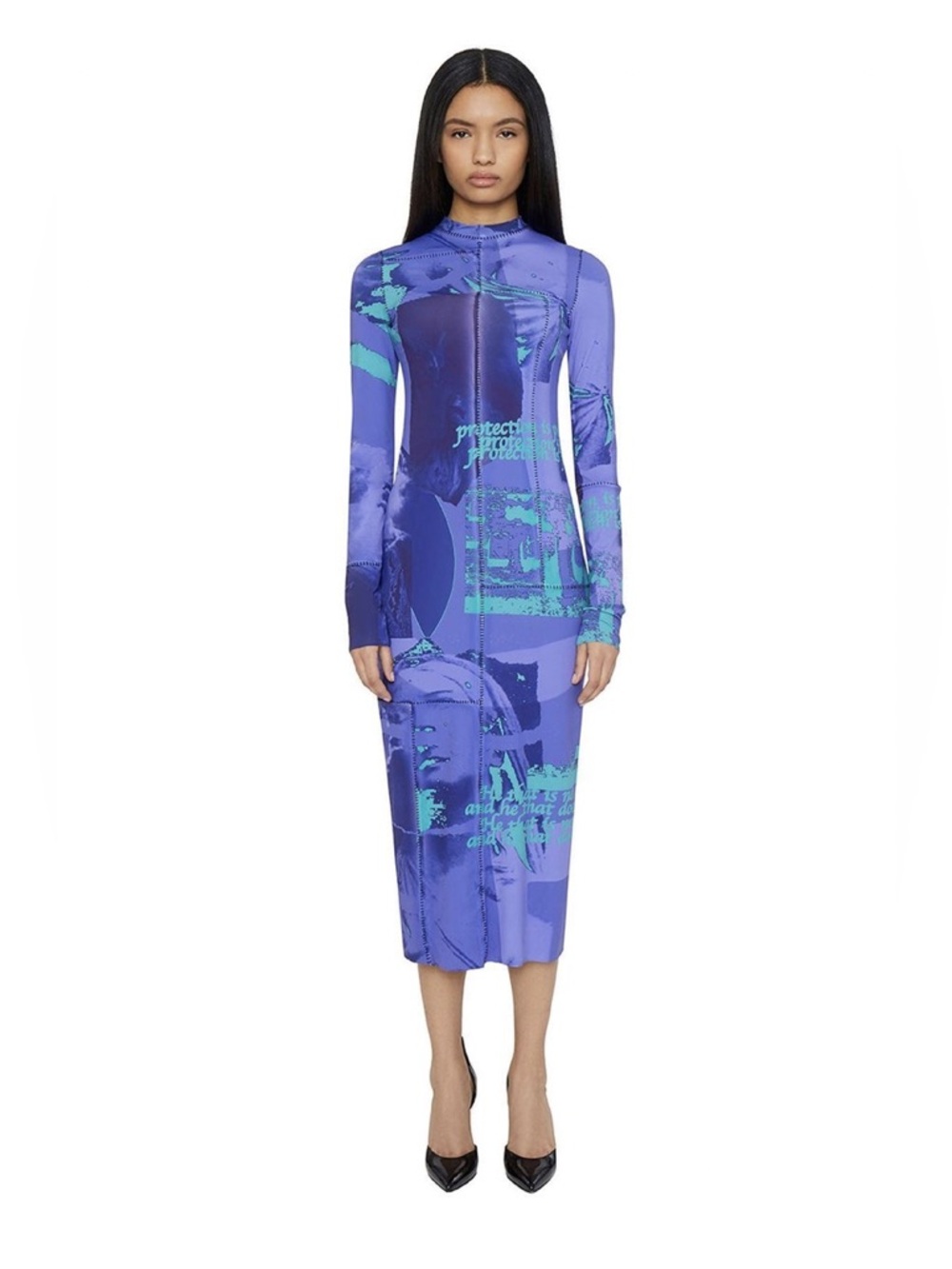 DANIELLE GUIZIO MESH LONG SLEEVE DRESS BLUE SIZE small